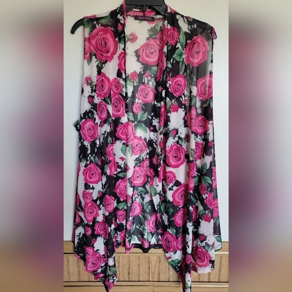 Crazy Train Women's Pink Rose Floral Valentine Sleeveless Mesh Duster Vest - Picture 5 of 7